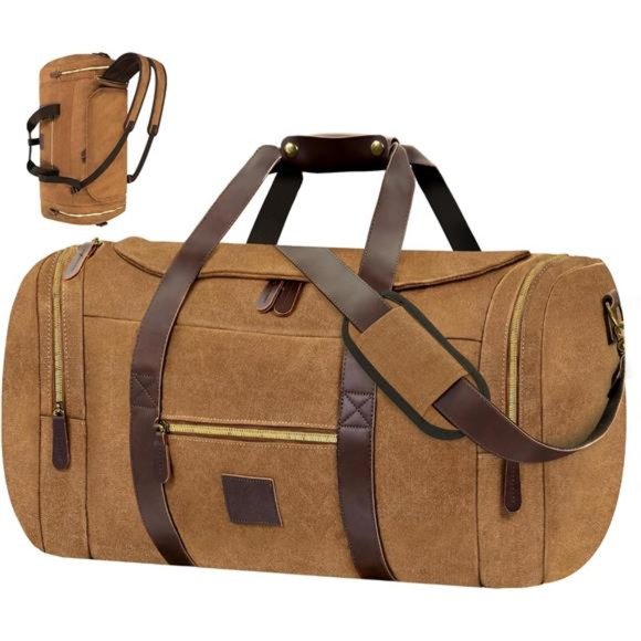 50L Travel Bags for Men, Nomad Canvas Duffle Bag Vintage Genuine Leather